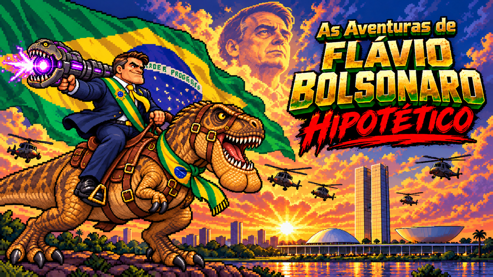Flávio e o Patriota Jurássico, em pixel art